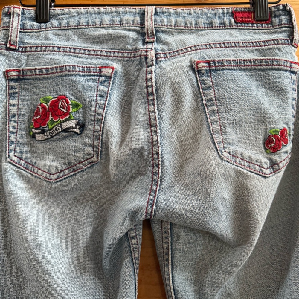 Lei Jeans Y2K Bootcut Light Wash Denim Jeans with Red floral logo size 7 - Picture 12 of 15